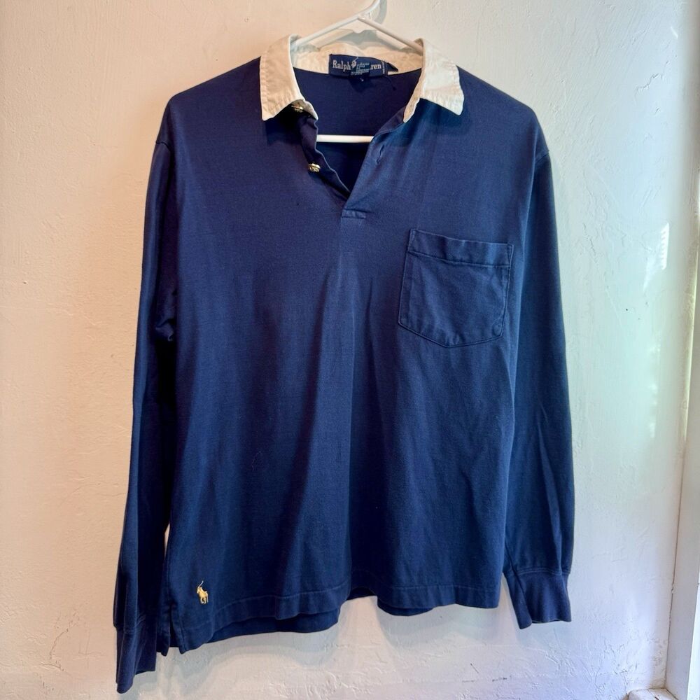 Vintage Ralph Lauren Rugby Shirt Boys L Women's M Gold Buttons Navy Cotton *READ